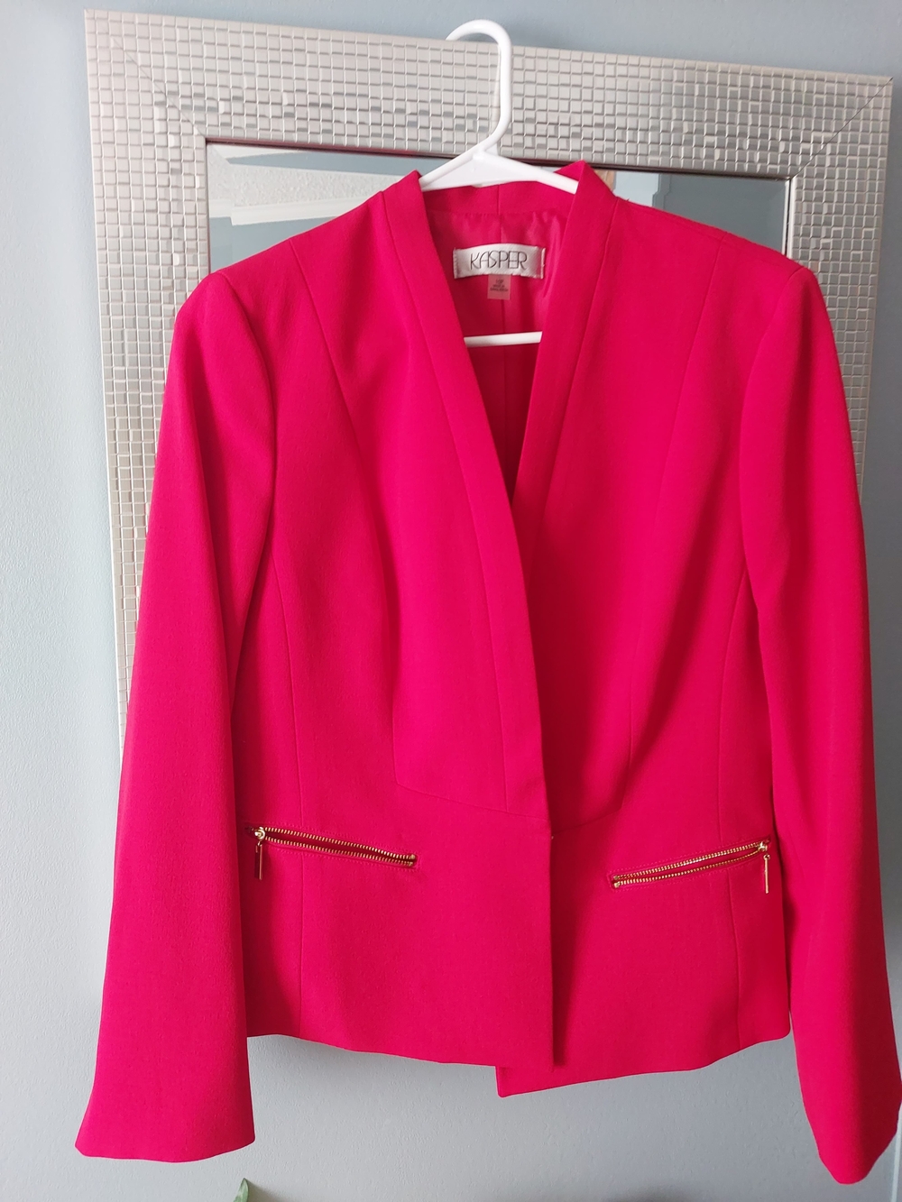 Kasper Hot Red Open-Front Blazer with Gold Zippers